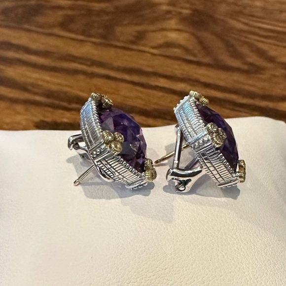 Judith Ripka Purple Amethyst Diamond Silver Gold Earrings 18K 925 - Picture 2 of 10